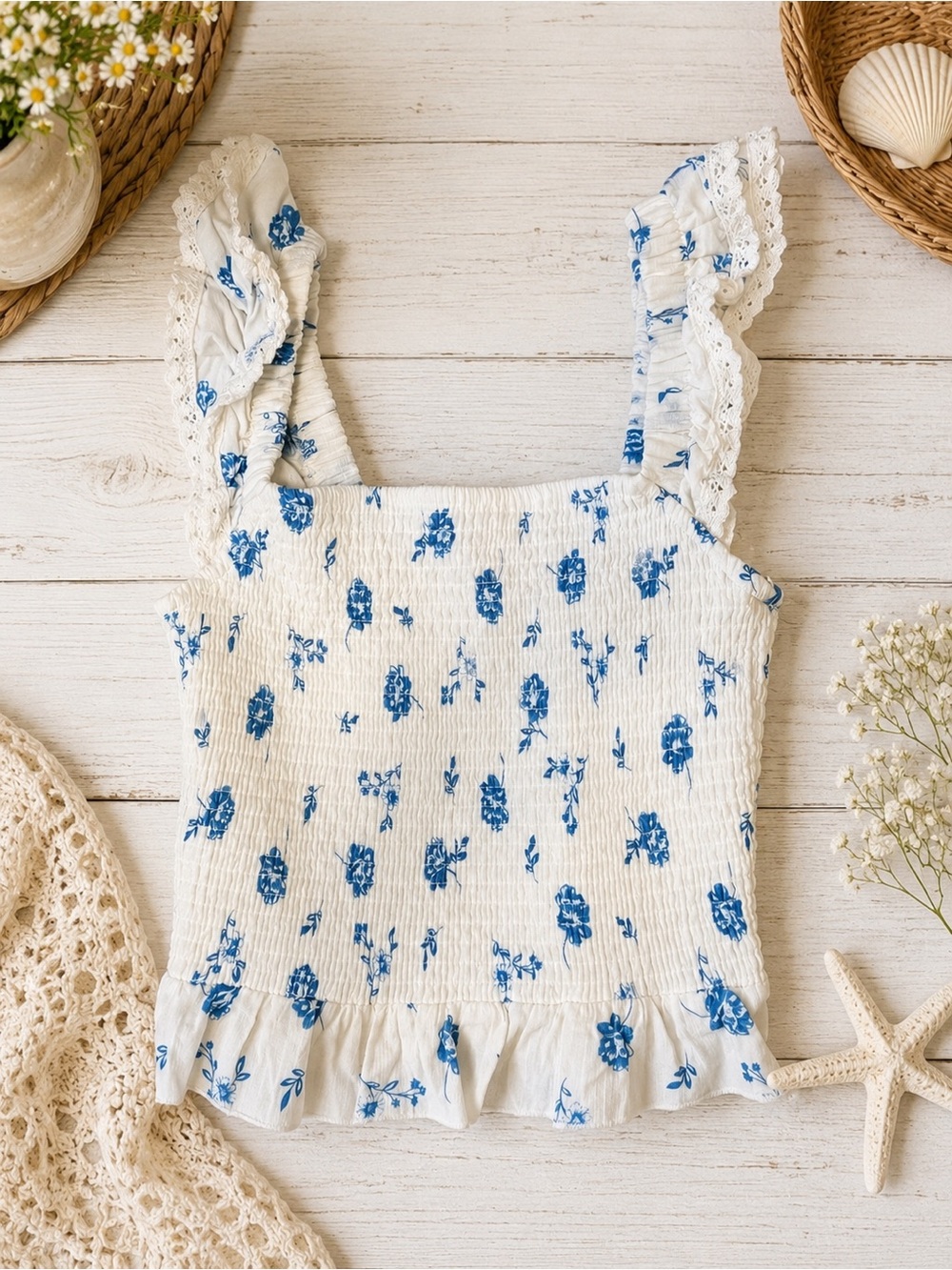 Kirious‎ LA Blue Floral Smocked Peplum Tank Cottage Summer Top M